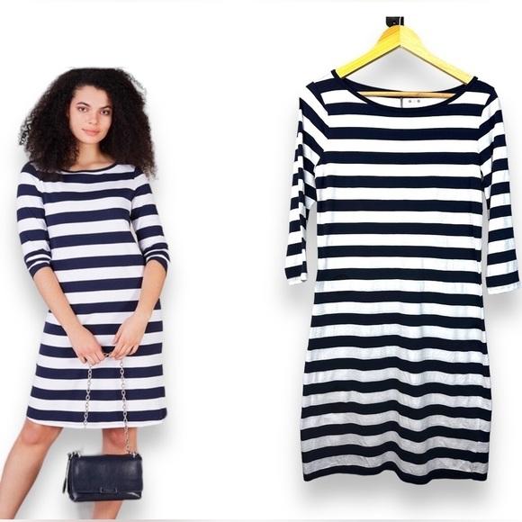 Three Dots Dresses & Skirts - THREE DOTS M Made in USA Pima Cotton Blend Midi Blue White Striped T-Shirt Dress